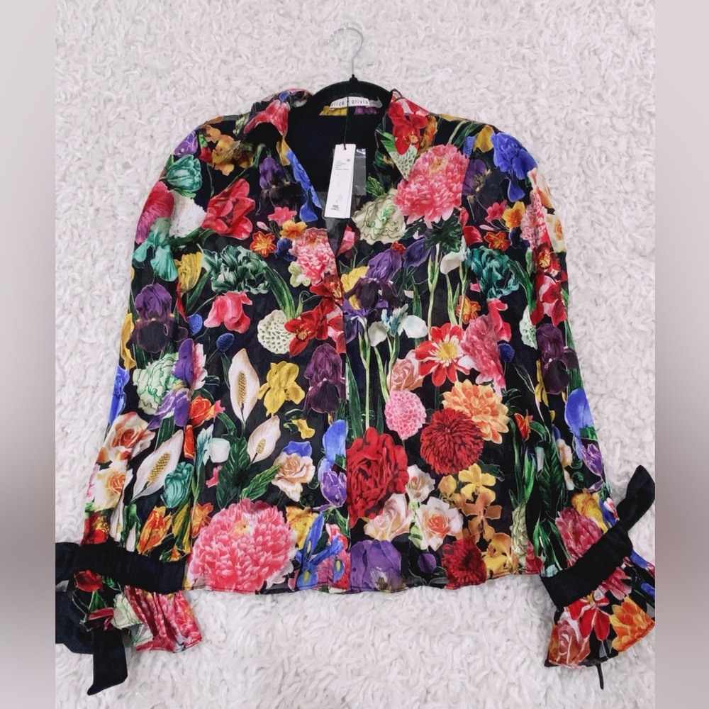 NWT Alice + Olivia Randa Tied Blouson-Sleeve Button-Front Blouse